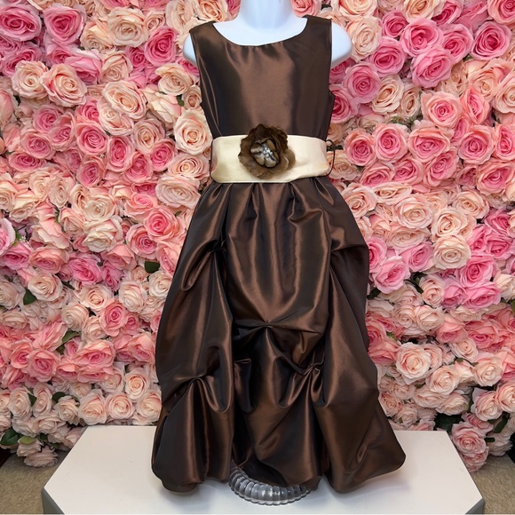 Little Girls Ankle Length Brown Taffeta Dress - Picture 1 of 8